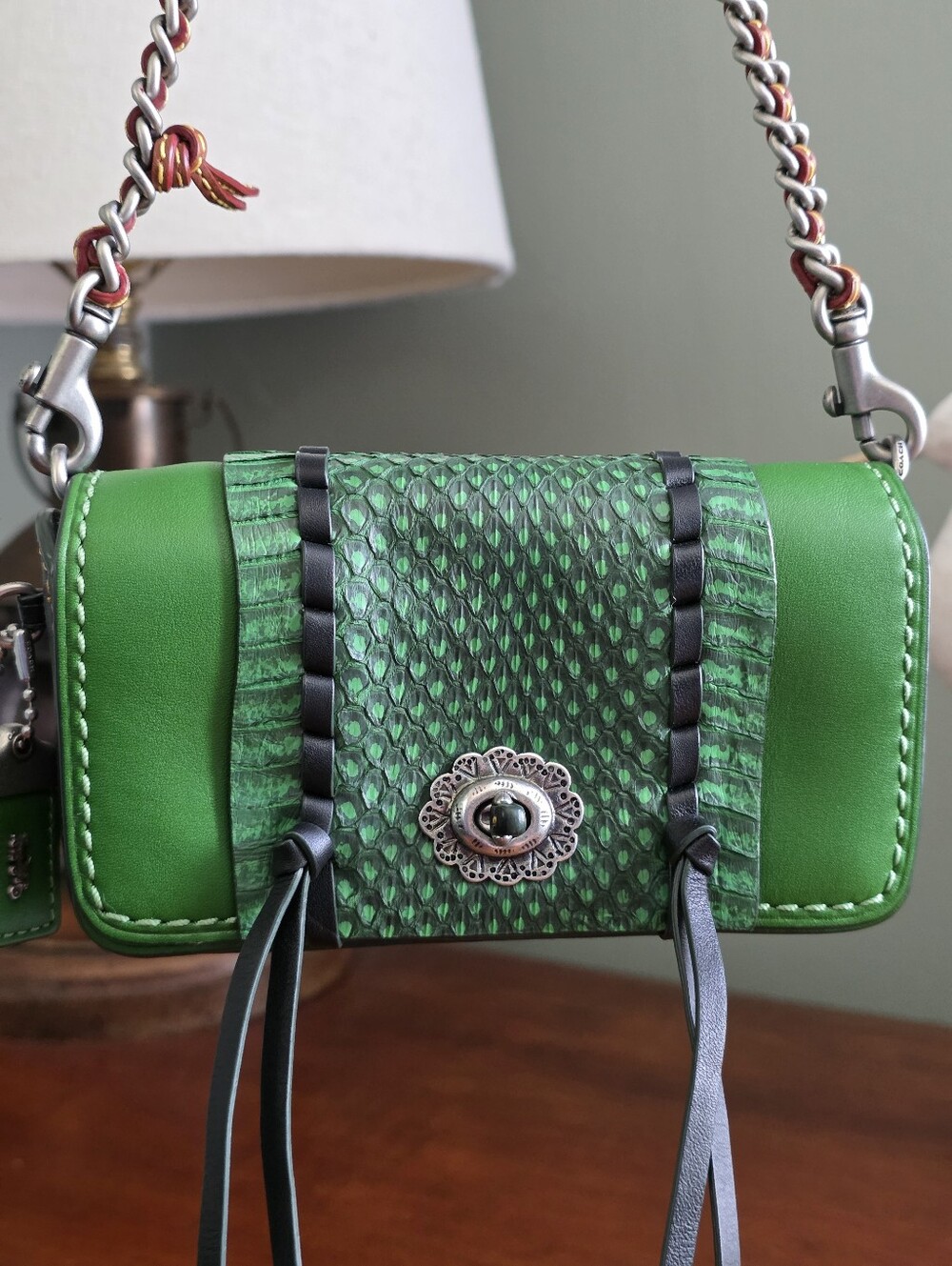 Coach 1941 86819 Dinkier Green Snakeskin Whipstitch Leather Crossbody Bag - Picture 2 of 16